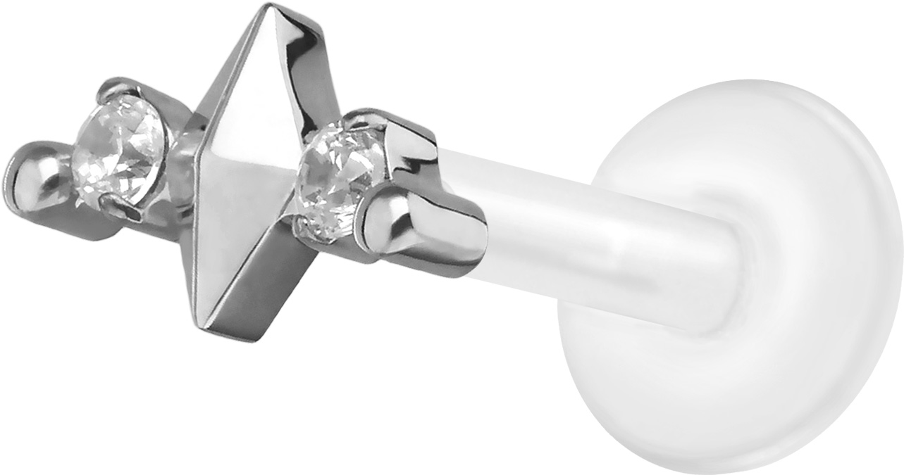 PTFE Labret Piercing mit Innengewinde + Titan-Aufsatz RAUTE + 2 KRISTALLE